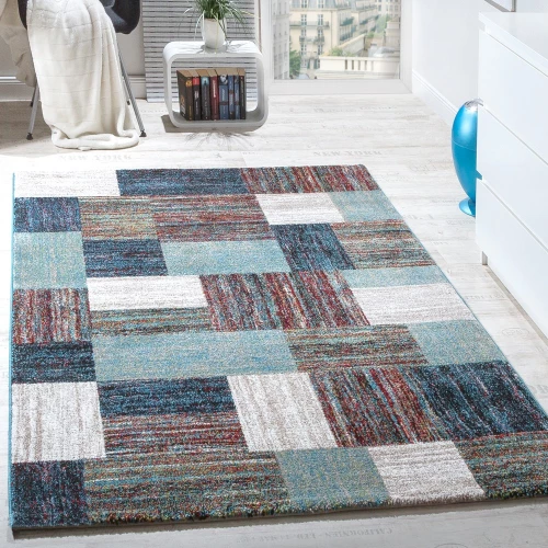 Teppiche Modern Wohnzimmer Teppich Spezial Melierung Karo Muster in Blau Creme