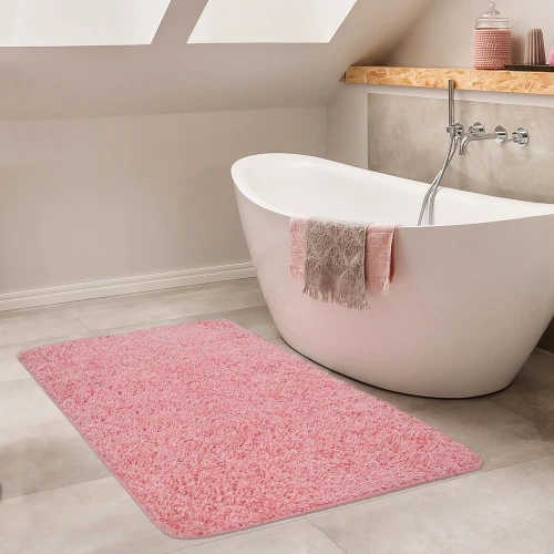 Moderner Badezimmer Teppich Einfarbig Hochflor Badteppich Rutschfest In Pink