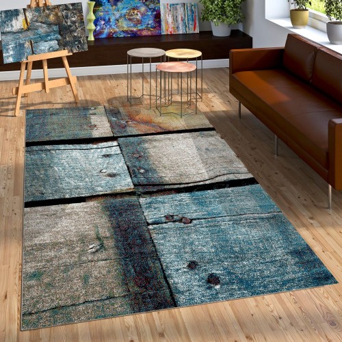 Designer Teppich Holz Stil Hoch Tief Optik In Natur Tönen Blau Grau Rost