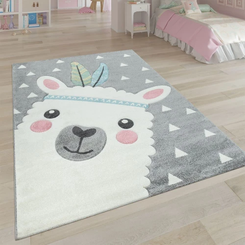 Teppich Kinderzimmer Grau 3-D Motiv Alpaka Design Pastellfarben Weich Robust