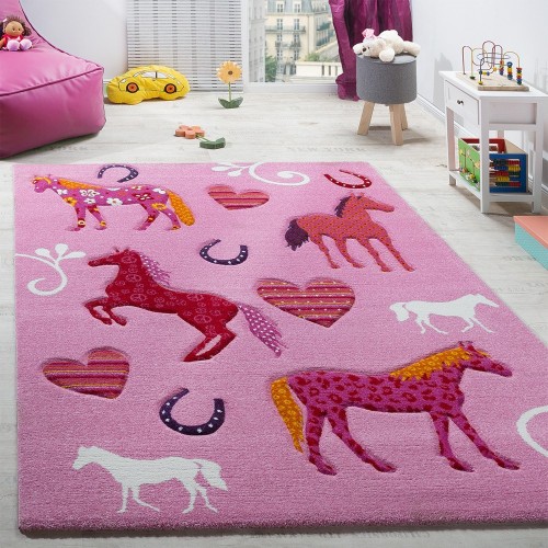 Kinderzimmer Teppich Kinderteppich Pferde Huf Herz Motive Konturenschnitt Pink