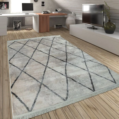 Wohnzimmer Teppich Rauten Fransen Skandinavisch Muster Karo In Grau Creme