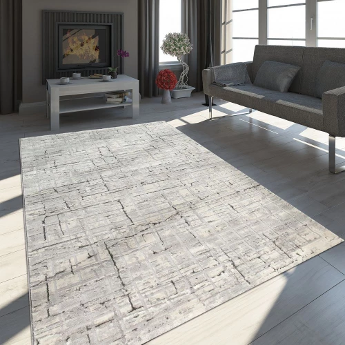 Orient Teppich Modern 3D Effekt Meliert Schimmernd Karo Muster In Grau