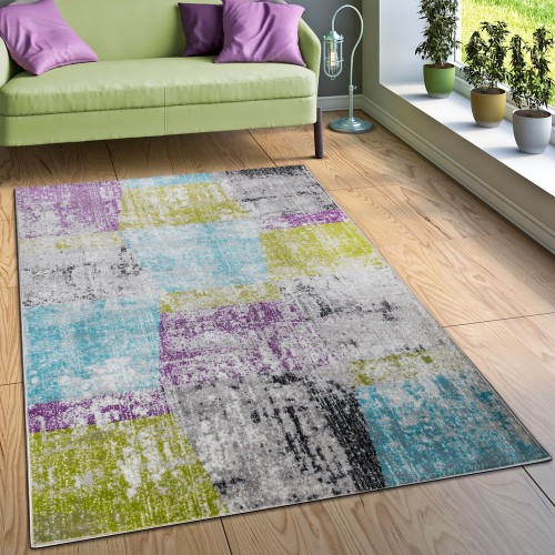 Designer Teppich Wohnzimmer Ausgefallene Farbkombination Karo Mehrfarbig