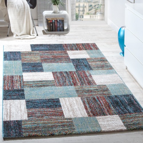 Teppiche Modern Wohnzimmer Teppich Spezial Melierung Karo Muster in Blau Creme