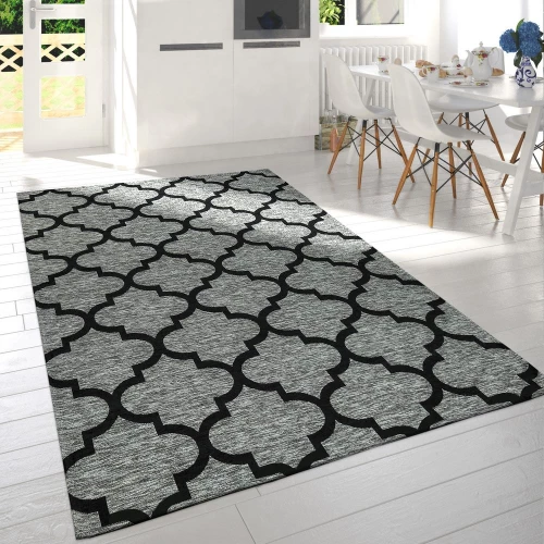 Moderner Kurzflor Wohnzimmer Teppich Marokkanisches Design Meliert Grau Schwarz