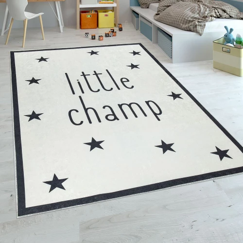 Kinderteppich Kinderzimmer Jungen Babyteppich Waschbar Spruch Stern Schwarz Weiß