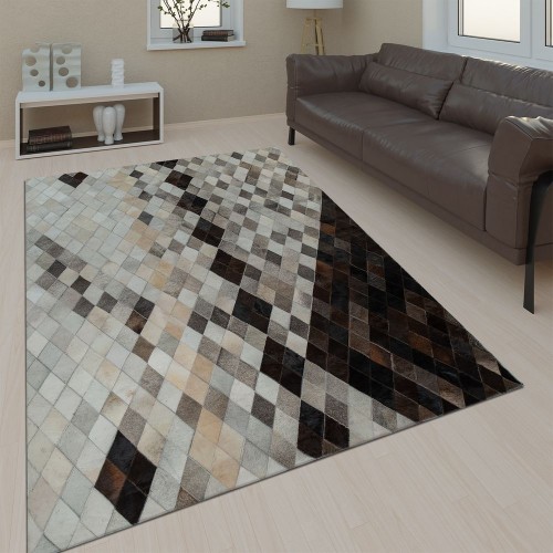 Wohnzimmer Teppich Leder Wolle Modern Muster Rauten Karo In Grau Schwarz Beige