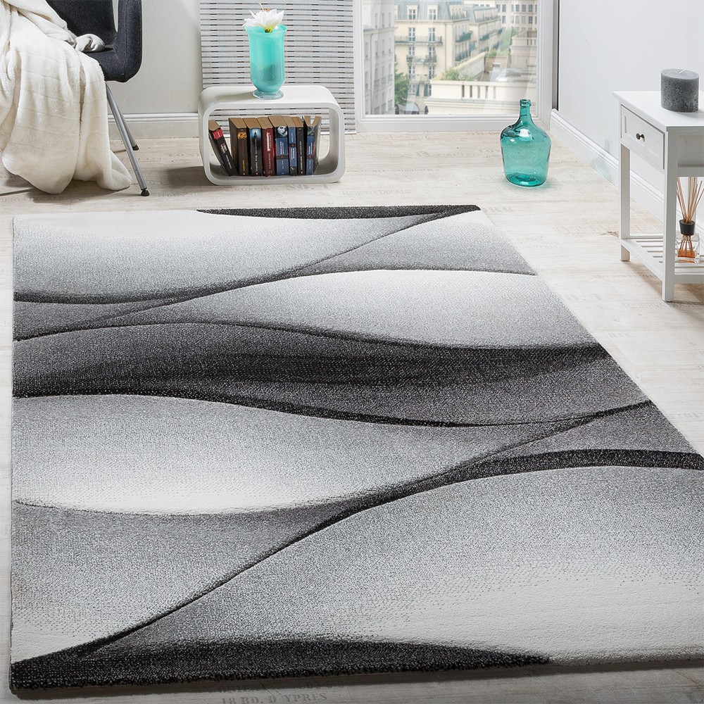 Teppich Wohnzimmer Moderner Wellen Design Meliert Konturenschnitt Grau Anthrazit 