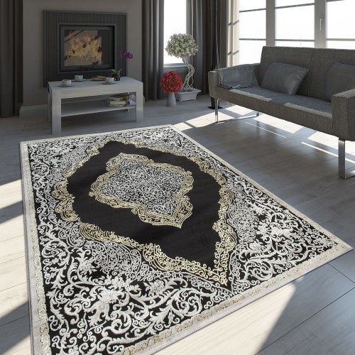 Orient Teppich Modern 3D Effekt Meliert Schimmernd Ornamente In Schwarz Gold