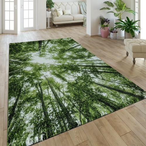 Moderner Kurzflor Teppich Greenery Natur Look Wald Optik Grün Weiß