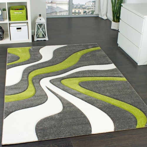Designer Teppich mit Konturen-schnitt Modernes Wellen Muster in Grau Grün Creme 