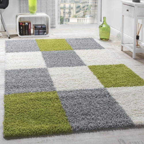 Moderner Hochflor Teppich Shaggy Karo Muster Zottel Teppiche Grün Grau Weiß