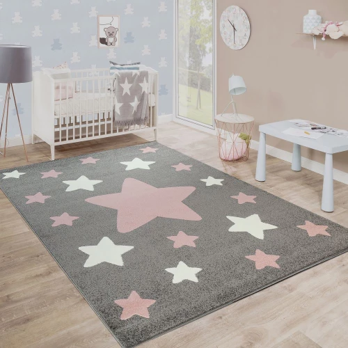 Teppich Kinderzimmer Kinderteppich Große Und Kleine Sterne In Grau Rosa