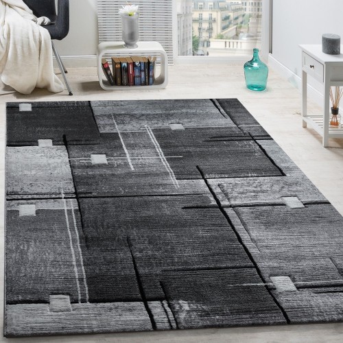 Designer Teppich Konturenschnitt Abstrakt Karo Linien Grau Schwarz Meliert 
