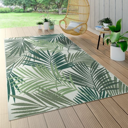 In- & Outdoor Teppich Flachgewebe Jungel Gecarvtes Florales Palmen Design Grün