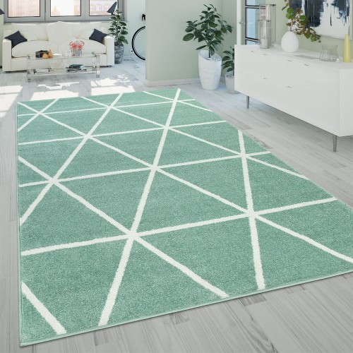 Teppich Wohnzimmer Grün Weiß Skandi Design Rauten Muster Robust Weich Kurzflor