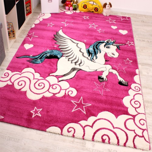 Kinderzimmer Teppich für Kinder Das Kleine Einhorn Pink Creme Türkis