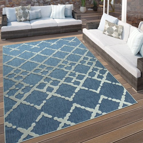 In- & Outdoor Terrassen Teppich Modernes Zick Zack Muster Blau Weiß