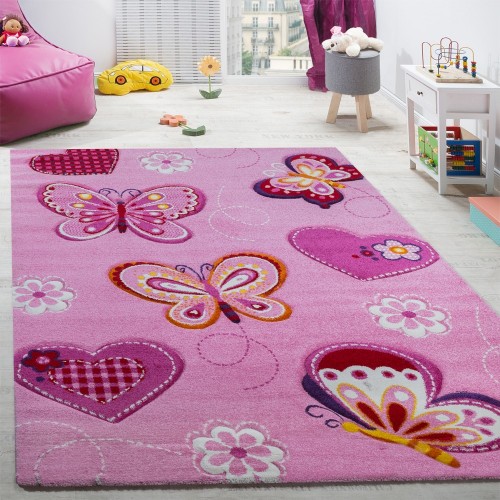 Kinderzimmer Teppich Kinderteppich Schmetterling Motive Mit Konturenschnitt Pink