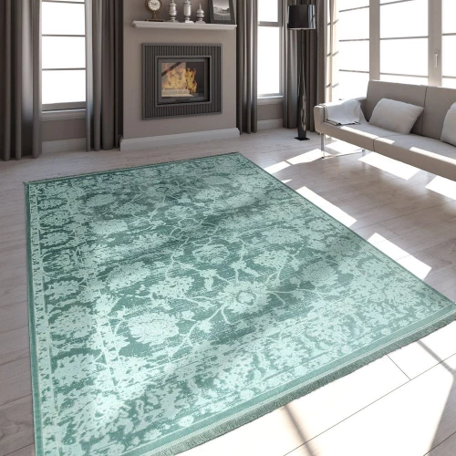Hochwertiger Wohnzimmer Teppich Modern Satin Optik Barock Design Fransen Mintgrün