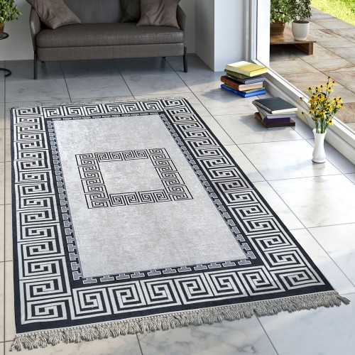 Designer Teppich Wohnzimmer Teppiche Orient Muster Bedruckt Bordüre Schwarz Weiß 