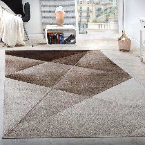 Designer Teppich Modern Geometrische Muster Kurzflor Braun Beige Weiß Meliert