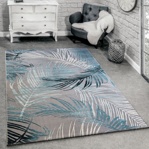 Designer Teppich Modern Wohnzimmer Teppiche 3D Palmen Muster In Grau Türkis Creme