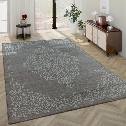 Moderner Kurzflor Wohnzimmer Teppich Orientalisches Muster Bordüre In Grau Weiß