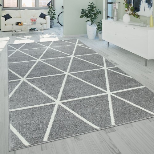 Kurzflor Teppich Grau Weiß Wohnzimmer Rauten Muster Skandi Design Weich Robust 