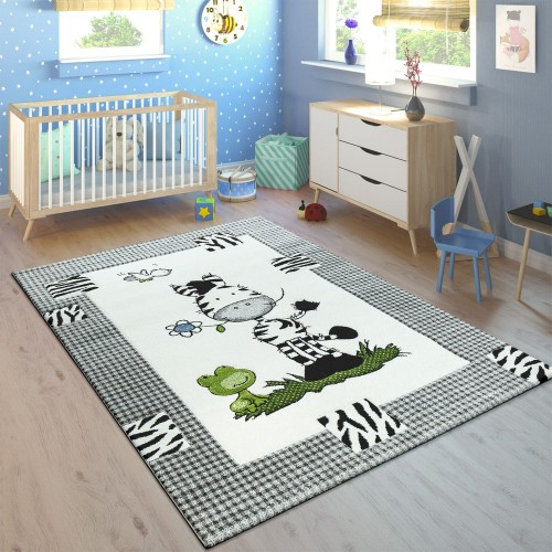 Kinderteppich Kinderzimmer Konturenschnitt Süßes Zebra Kariert Creme Grau