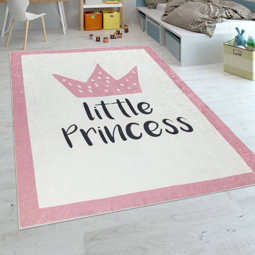 Kinderteppich Kinderzimmer Mädchen Babyteppich Waschbar Prinzessin Spruch Rosa 