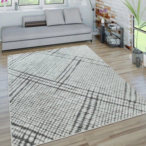 Kurzflor Teppich Wohnzimmer Modern Geometrisches Design Karo In Grau 