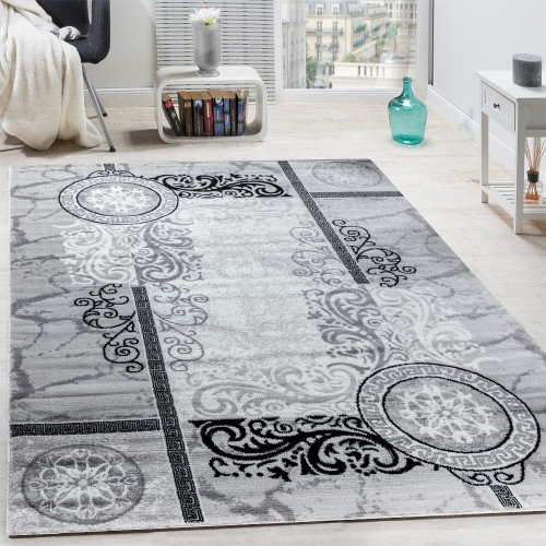 Designer Teppich Modern Meliert Floral mit Mäander Muster Kreise Grau Schwarz