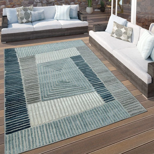 In- & Outdoor Terrassen Teppich Geometrisches Design Pastell Türkis Grau Creme