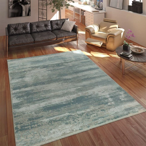 Wohnzimmer Teppich Polyacrylgarn Shabby Chic Look Fransen 3D Effekt Pastell Blau Grau