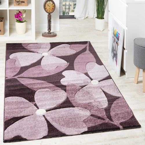 Designer Teppich Hochwertig Modern Blumen Muster Meliert Kleeblatt Purple Lila Creme