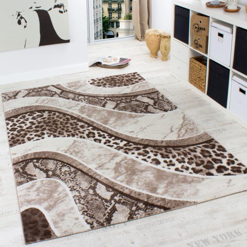 Edler Designer Teppich in Leoparden Schlangen Muster Braun Beige Creme Meliert
