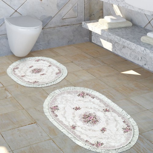 Badezimmer Teppich Set Florale Ornamente Waschbar Gemütlich Badvorleger Altrosa