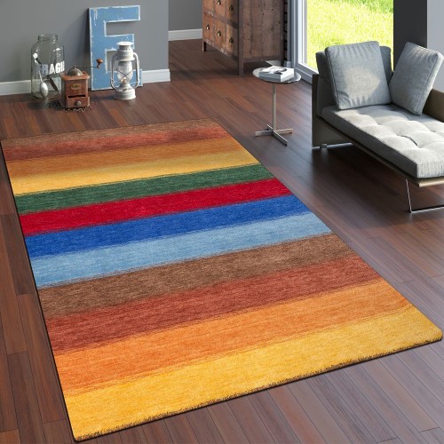 Teppich Handgewebt Gabbeh Hochwertig 100% Wolle Meliert Balken Multicolor