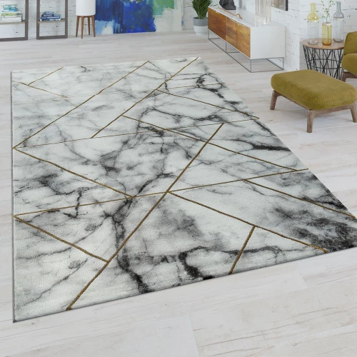 Kurzflor Wohnzimmer Teppich Modern Marmor Design Geometrisches Muster Grau Gold