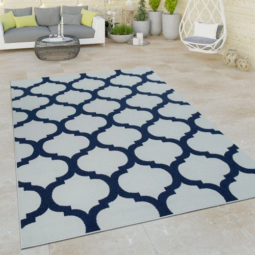 Outdoor Indoor Teppich Weiß Blau 3D Optik Marokkanisches Design Flachgewebe 
