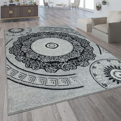 Designer Wohnzimmer Teppich Orientalisch Mandala Motive Grau Weiß