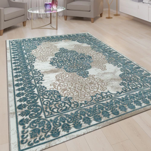 Wohnzimmer Teppich Beige Blau Türkis 3-D-Muster Orientalisches Design Kurzflor 