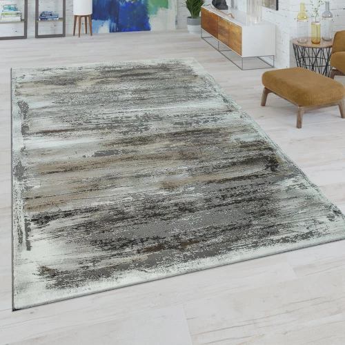 Kurzflor Wohnzimmer Teppich Modern Abstraktes Muster Used-Look In Beige Grau