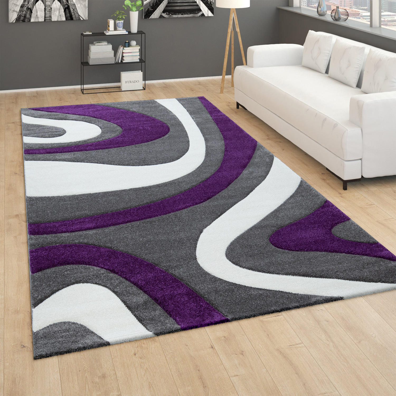 Kurzflor Wohnzimmer Teppich Modern Geometrisches Design Rauten Muster In Lila 