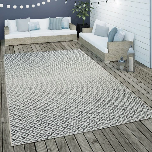 In- & Outdoor Flachgewebe Teppich Geometrisch Skandi Rauten Design In Grau