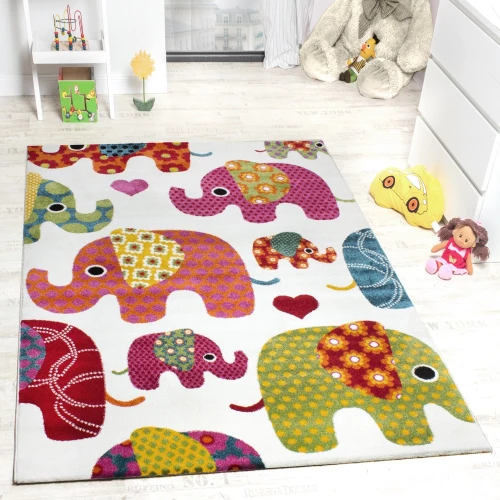 Moderner Kinderzimmer Teppich Bunte Elefanten Multicolour Creme Grau Fuchsia 