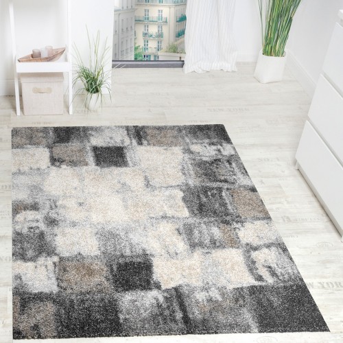 Teppich Modern Webteppich Hochwertig Meliert Kariert in Grau Creme Kupferton