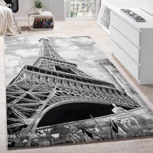 Designer Teppich Paris Eiffelturm Motiv Modern Teppich Wahrzeichen Grau Meliert